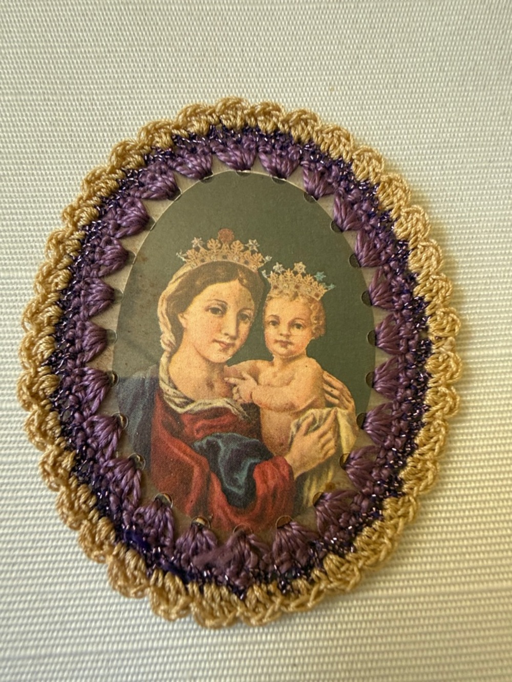 VTG 1914-22 Handmade Crocheted Religious Catholic Badge My Mother My Confidence